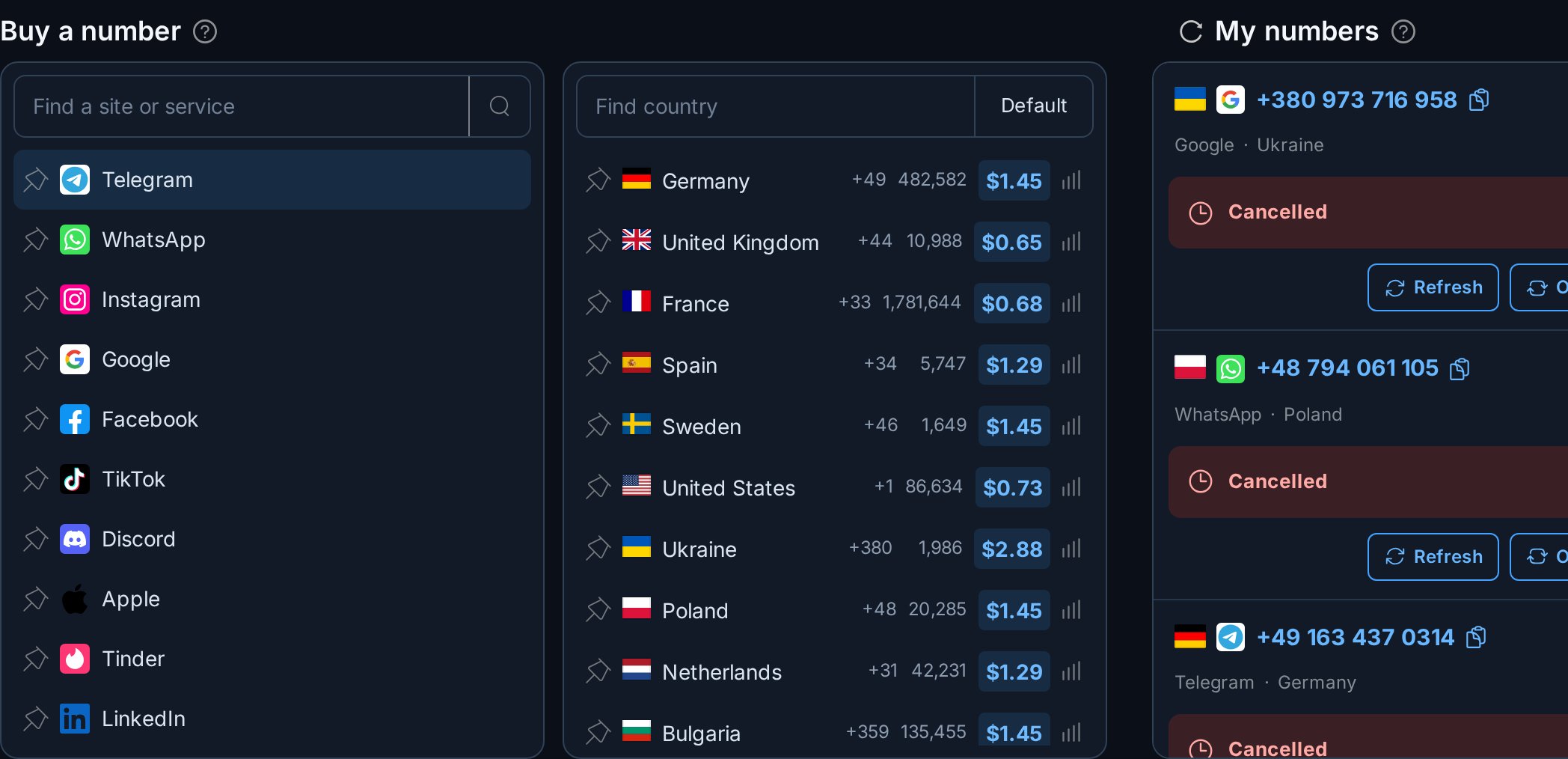 Choosing a service and country to buy a number